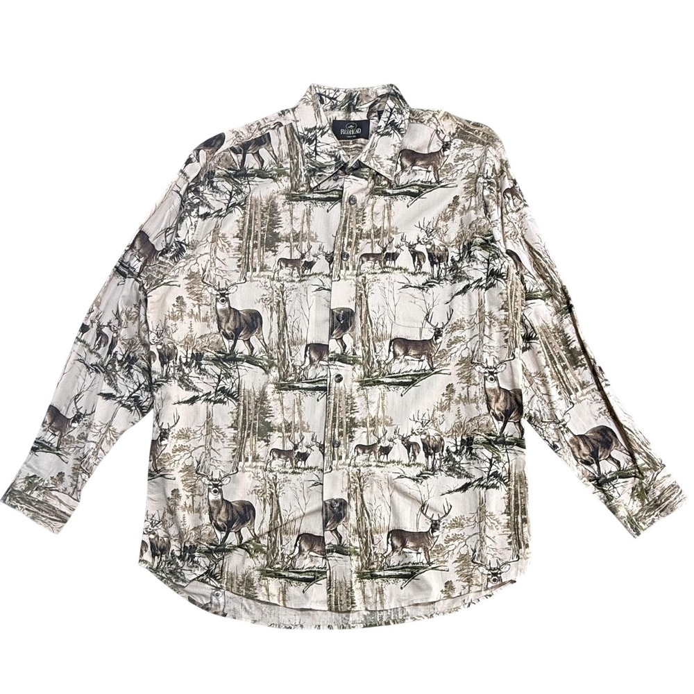 RedHead Shirt Mens Large Beige Deer Camo Long Sleeve Button Hunting Outdoors